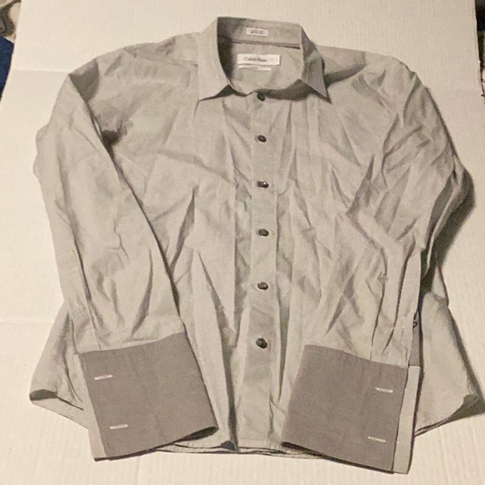 Calvin Klein Slim Fit Small French Cuffs Gray Grid Dress Shirt